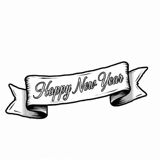 A color book image ribbon with the words Happy New Year written on it.  On a solid white background.