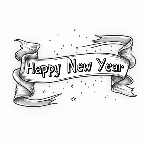 A color book image ribbon with the words Happy New Year written on it.  On a solid white background.