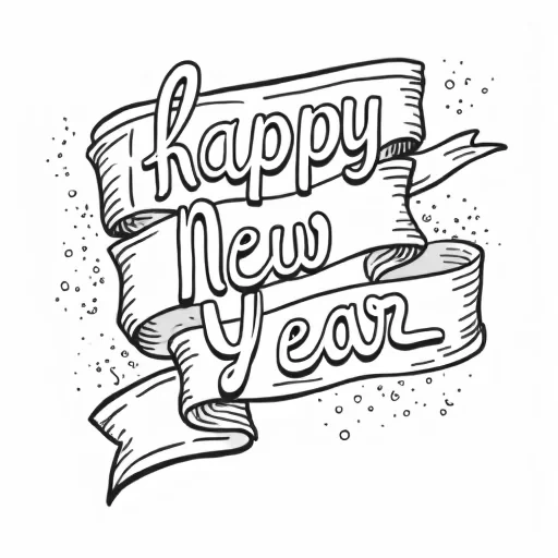 A color book image ribbon with the words Happy New Year written on it. On a solid white background.