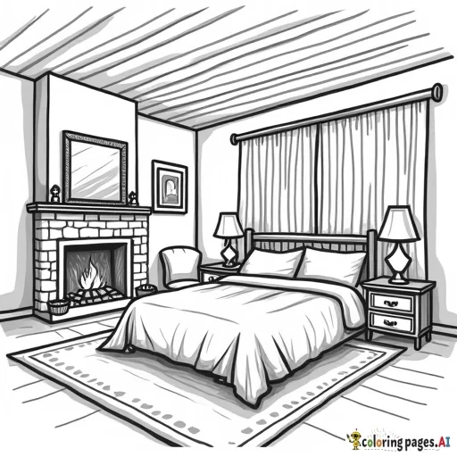 A coloring book page featuring cozy bedroom with fire place and inviting comfy bed. Detailed betroom for coloring, black background crisp white fill.