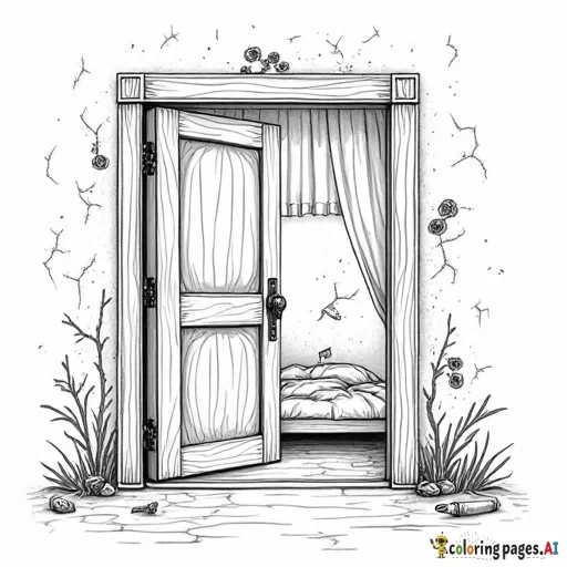 A  coloring page design with the Verse: "As a door turns on its hinges, so does a sluggard on his bed."  Design Concept:  Typography:  "As a door turns on its hinges" is styled in graceful, looping cursive. The flowing letters mimic the arc of a turning door, creating a sense of circular motion. Around the words, faint outlines of an ornate door hinge provide a subtle decorative element, reinforcing the verse's imagery. "so does a sluggard on his bed" is written in bold, rigid, uppercase lettering, with slight cracks and cobwebs drawn across the letters to symbolize stagnation and decay from inactivity. Central Illustration:  A half-open door takes center stage, illustrated with intricate wood patterns and sturdy hinges, swinging outward to reveal light and opportunity beyond. Behind the door, a faint silhouette of a bed appears. The bed is simple but unkempt, with loose blankets draped over it, symbolizing the idleness described in the verse. Surrounding Elements:  Top Border: A decorative arch of turning gears and leaves frames the top of the design, symbolizing motion, growth, and the need for action. Bottom Border: A series of cobblestones forming a path lead outward from the door, suggesting a way forward when one chooses diligence over laziness. Encouraging Details:  Subtle rays of light emerge from behind the door, reinforcing the call to step into a new day with purpose. The hinges of the door are adorned with tiny symbols of movement, such as arrows or flowing swirls, subtly encouraging forward action.