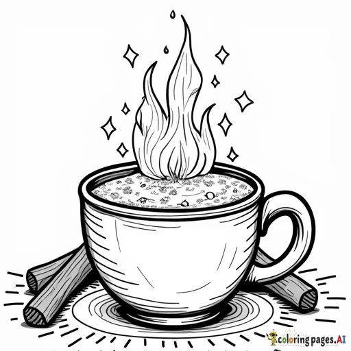 a coloring page featuring a mug of hot cocoa with a fireplace