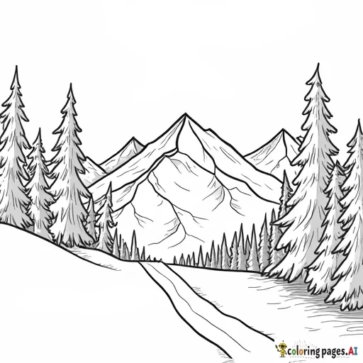 a coloring page featuring Snow-capped mountains with a ski lift or snowboarders.