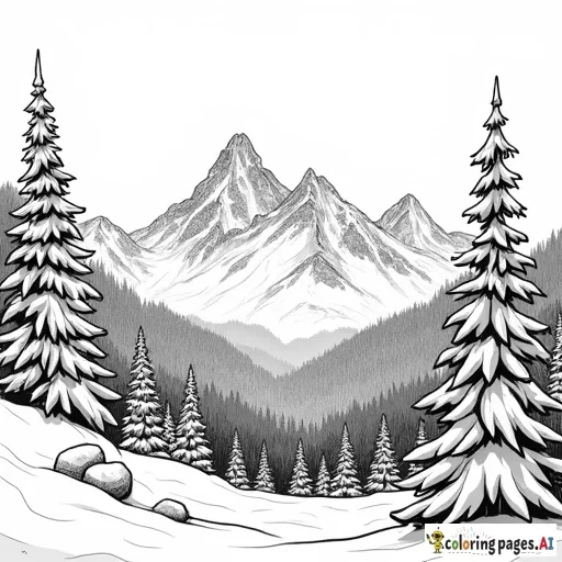 a coloring page featuring snow clad mountains and coniferous trees
