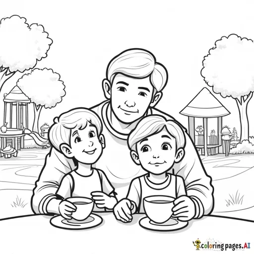 A coloring page illustration of a 4-year-old boy and a 6-year-old curly-haired girl eating ice cream with their father at a tea garden that has a children's playground area in the background.