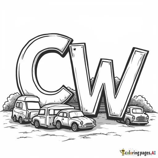 a coloring page in classic styel with the initials "CW" the focus with kids blocks and cars around the letters