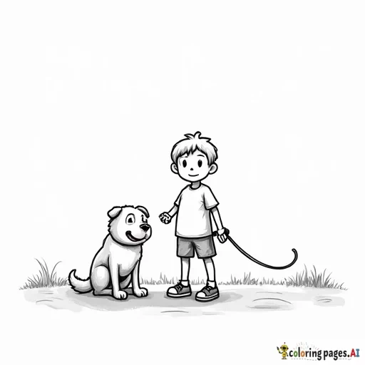 A coloring page with a boy, a leash and a dog