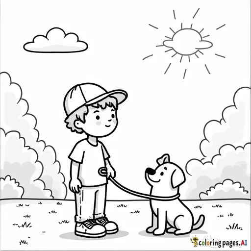 A coloring page with a boy, a leash and a dog in an outdoor setting with trees in the background and sun and clouds in the sky