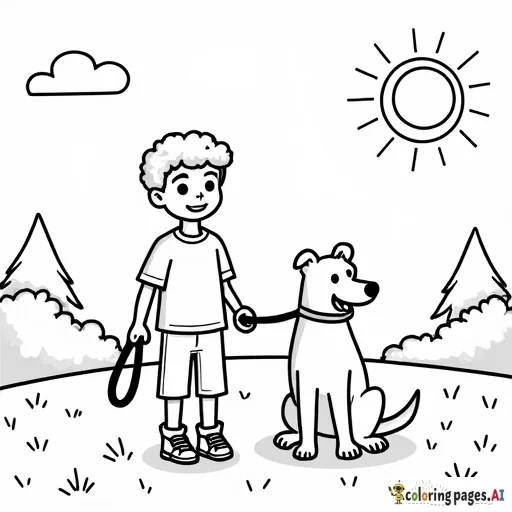 A coloring page with a boy holding a leash with a dog by his side in an outdoor setting with trees in the background and sun and clouds in the sky