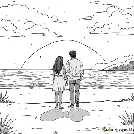 a couple on a beach with a sunset and its snowing and theyre shadows