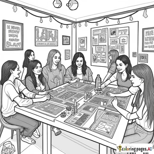 A cozy and vibrant indoor setting featuring a group of people gathered around tables filled with craft supplies—corkboards, colorful papers, scissors, glue sticks, magazines, and embellishments. Some are cutting out images and quotes, while others are assembling their vision boards with focused creativity. The room is warm and inviting, with string lights and inspirational posters on the walls. A playlist of uplifting music fills the air as friends laugh and share ideas. Snacks and drinks are placed on a side table, adding to the celebratory atmosphere. In one corner, someone is leading the group in a brief prayer or motivational talk, emphasizing faith, goals, and community.”