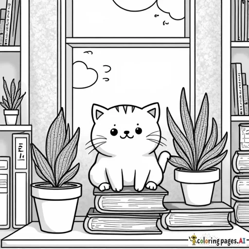 A cozy, homey scene with a sweet playful cartoon cat perched among potted plants on a bookshelf. The scene includes books with decorative covers, plants with textured leaves, and a window view of a sunny day.  all in clear lines for a fun, coloring experience. black and white, line art, white background. plain white background. The outlines of all the subjects are bold black and easy to distinguish, making it simple for kids to color without too much difficulty.