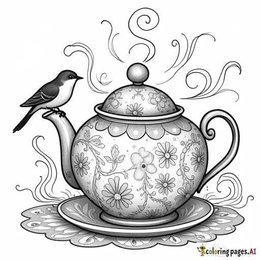 A cozy teapot surrounded by swirling steam, decorated with floral and paisley patterns, with a cute bird perched on the handle.