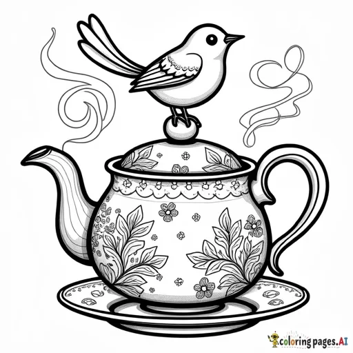 A cozy teapot surrounded by swirling steam, decorated with floral and paisley patterns, with a cute bird perched on the handle.