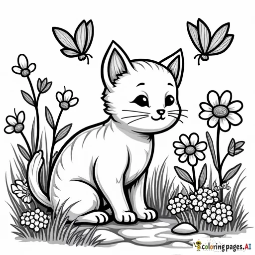 A curious cat sniffing flowers in a butterfly garden, with butterflies fluttering around. The background includes flowers of different shapes, small rocks, and bushes, with clear outlines ideal for intricate coloring. black and white, line art, white background. plain white background. The outlines of all the subjects are bold black and easy to distinguish, making it simple for kids to color without too much difficulty.