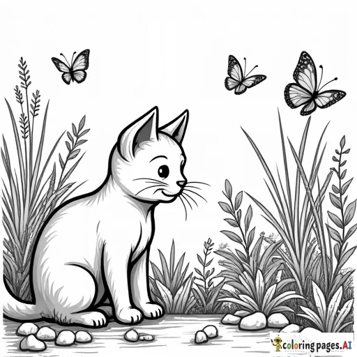 A curious cat sniffing flowers in a colorful butterfly garden, with butterflies fluttering around. The background includes flowers of different shapes, small rocks, and bushes, with clear outlines ideal for intricate coloring. black and white, line art, white background. plain white background. The outlines of all the subjects are bold black and easy to distinguish, making it simple for kids to color without too much difficulty.