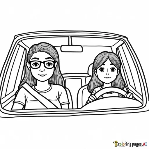 a curvy woman with glasses and long hair driving a car with a teenage girl sitting in the car playing on her device