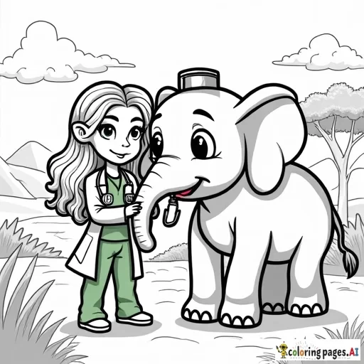 A cute cartoon-style illustration of a young female doctor with long, curly blond hair and big, kind eyes, wearing a white doctor's coat over green scrubs. She is wearing a doctor’s head light.  She is using an otoscope to gently check the trunk of an elephant who has a big, stuffy, red nose. The elephant has big expressive eyes. They are outdoors in an African savanna landscape, with green bushes, acacia trees, and distant mountains under a bright blue sky with a few fluffy clouds. The setting is peaceful and friendly, with soft, vibrant colors.
