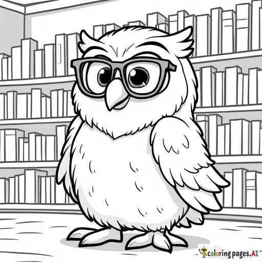 A cute cartoony bookstore with an old wise owl shopkeeper with glasses