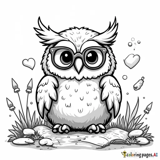 A cute cartoony library with an old wise owl with glasses on in a fantasy land