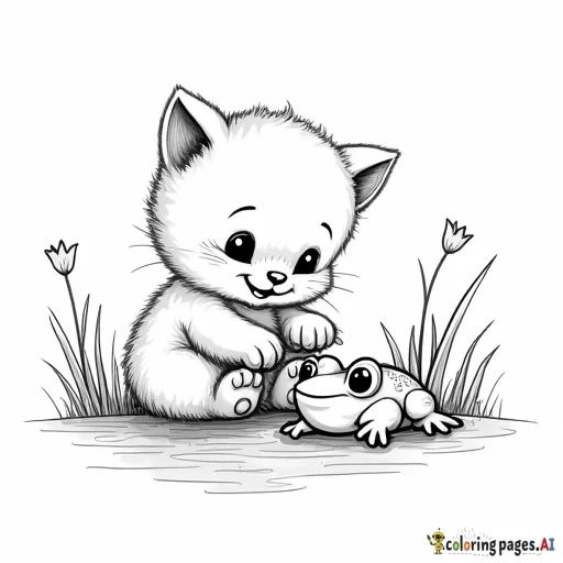 a cute fluffy kitten playing with a frog