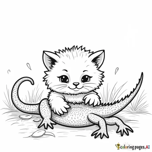 a cute fluffy kitten playing with a lizard