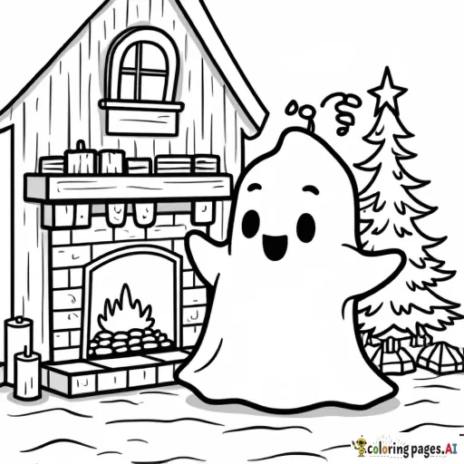 a cute halloween ghost decorating a cozy house for christmas with a christmas tree and a fireplace