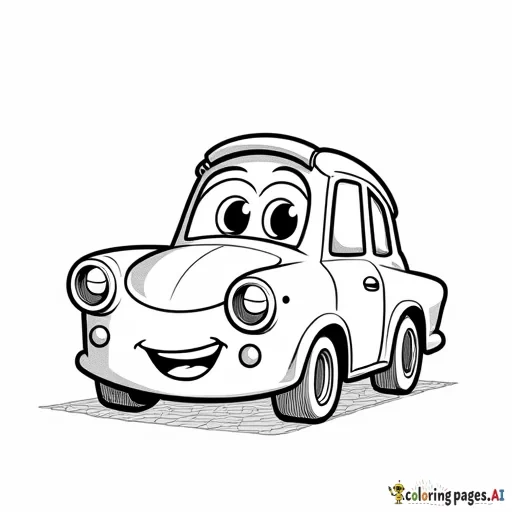 A cute, smiling cartoon car with big expressive eyes and a friendly face. - Free Printable Coloring Page