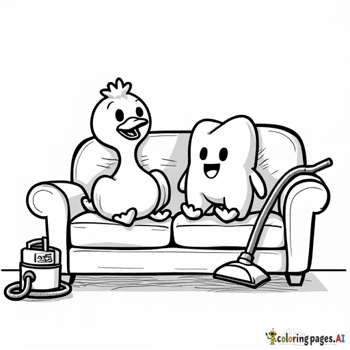 A duck and a smiling wisdom tooth sit on a couch, eating chocolate. Next to them, there is a vacuum cleaner. They are all watching a cat on television.