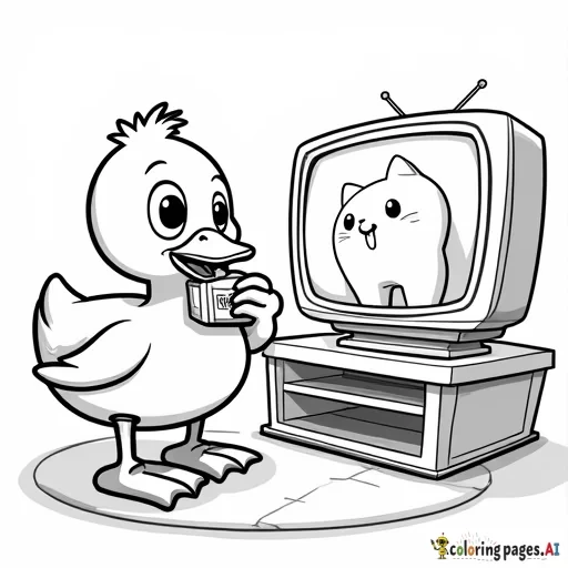 A duck eating DAIM chocolate. A smiling wisdom tooth is using a vacuum cleaner.  Next to them, there is a TV screen with a cute cat video.