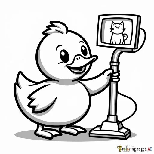 A duck eating DAIM chocolate. A smiling wisdom tooth is using a vacuum cleaner.  There is a TV screen with a cute cat video.