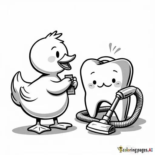 A duck eating DAIM chocolate. A smiling wisdom tooth is using a vacuum cleaner. They are both watching a cute cat video.