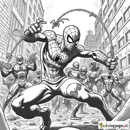 A dynamic black and white coloring page of Spider-Man in an intense battle with multiple villains. Spider-Man is in his classic fighting stance, surrounded by enemies, each with distinct features like masks, armor, and menacing expressions. Webs are slinging in various directions as Spider-Man dodges attacks and strikes back. The scene has a detailed urban background with broken walls, debris, and city lights, creating a high-stakes action setting. Clear outlines make it ideal for a coloring page.
