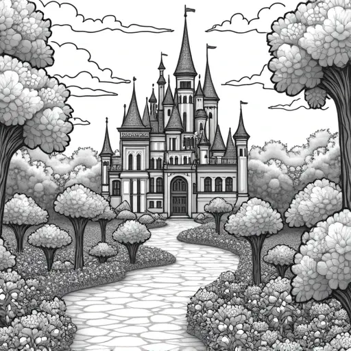 a elaborate fancy garden with castle in the background - Free Printable Coloring Page