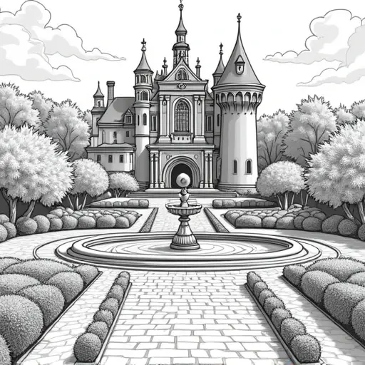 a elaborate fancy garden with fountain and shrubs with castle in the background - Free Printable Coloring Page