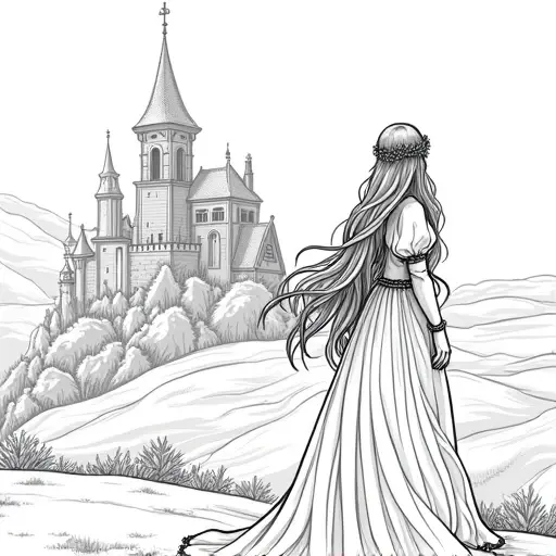 a fair maiden looking for her knight with a castle behind her - Free Printable Coloring Page