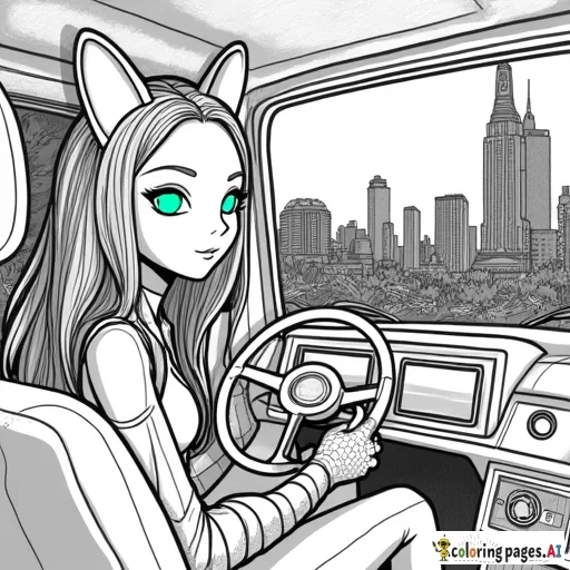A first person POV of the silhouette of a 19-year-old alien girl with raccoon ears, sitting inside her buggy, in a post-apocalyptic futuristic expanded New York City of 5570, abandoned by humans after the planetary fusion of 4894. Amidst the darkness of the night, she can see the decaying buildings entwined in the hybrid plant life. The girl's hands, wearing fingerless gloves that extend to her forearms, rest on the dashboard. Her glowing cyan eyes are reflected on the windshield.