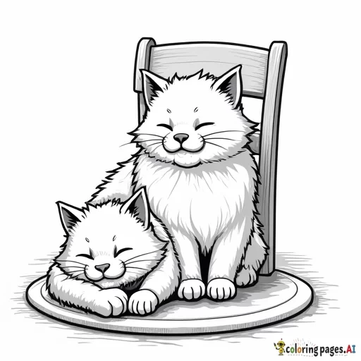 A fluffy cat sitting on a chair and another small version of the cat sleeping on a mat.