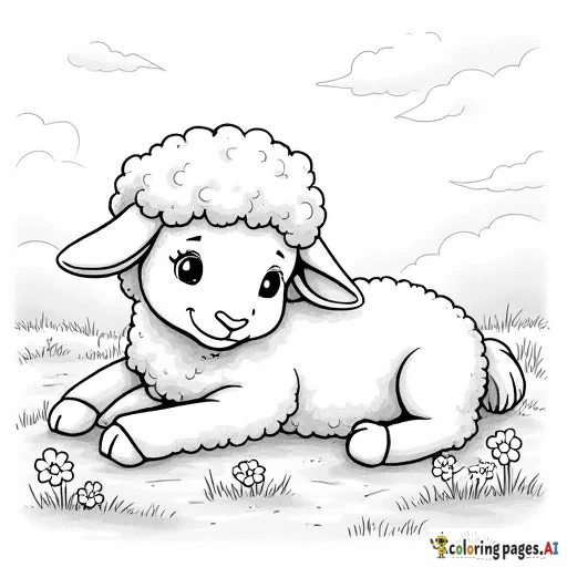 A fluffy lamb lying in a sunlit field of daisies and clover, with a gentle breeze ruffling its wool. The scene conveys a peaceful, serene atmosphere.