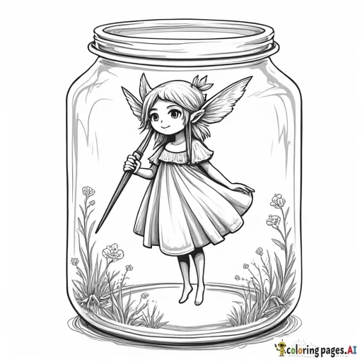 A forest-elf floating in the air, she is holding a magical-paint brush. she is standing inside a glass jar :: in the style of Demizu Pusoka, high detail, perfect hands, perfect face ::