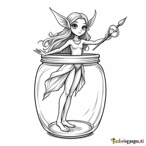 A forest-elf floating in the air, she is holding a magical-paint brush. she is standing inside a glass jar :: in the style of Demizu Pusoka, high detail, perfect hands, perfect face ::