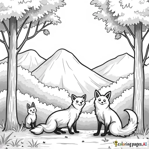 A forest in autumn with  family of foxes and mountains in the background