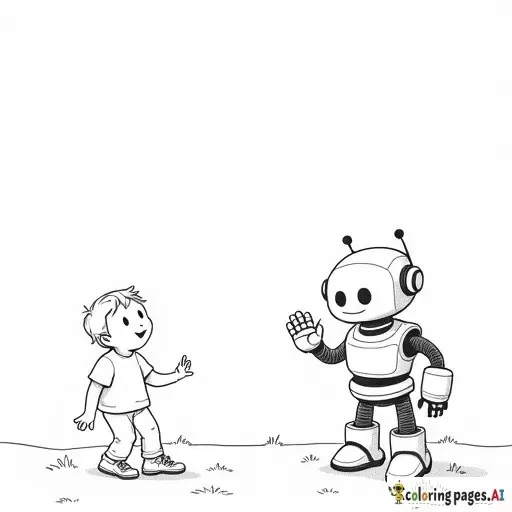 a friendly robot waving at a kid