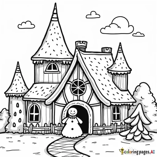 a girl-like gingerbread cookie in front of a gingerbread castle