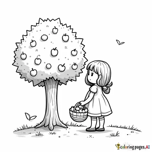 A girl standing by an apple tree with a basket full of apples
