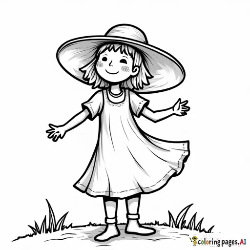 A girl wearing a big hat, with the wind blowing the hat off his head.