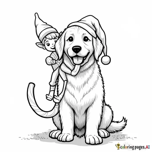 a golden retriever with a candy cane in its mouth with a elf riding it
