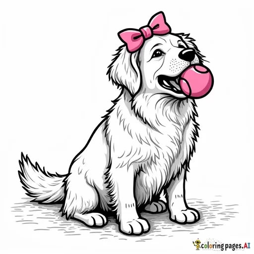 a golden retriever with a pink bow on its ear and a pink tennis ball in its mouth