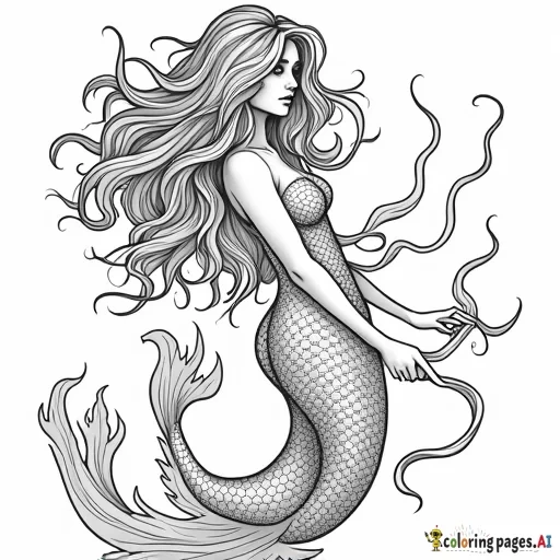 a greyscale coloring page of an enchanted sea nymph using her tentacles to embrace her lover