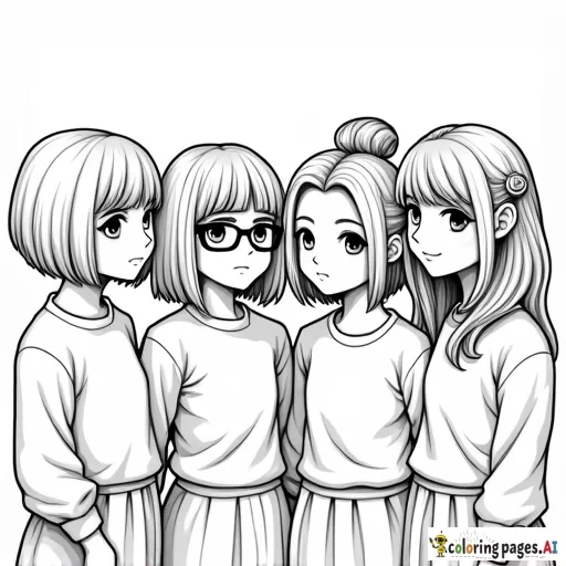 a group of 4 girls, 1 with a short bob and glasses, one with her hair in a messy bun and glasses, one with their hair down, and one with their hair in a claw clip